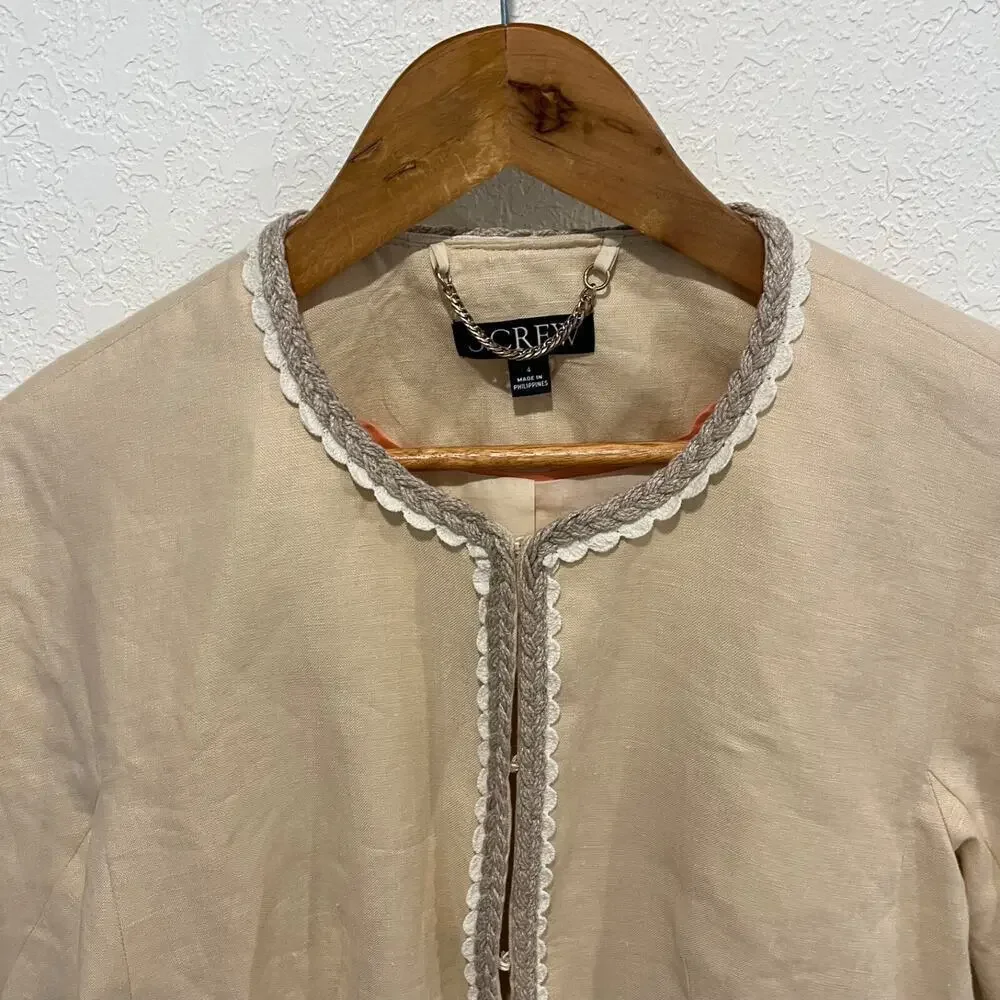 J. Crew Cropped Woven Linen Lady Jacket in Buff Clay Women's 4 Collarless